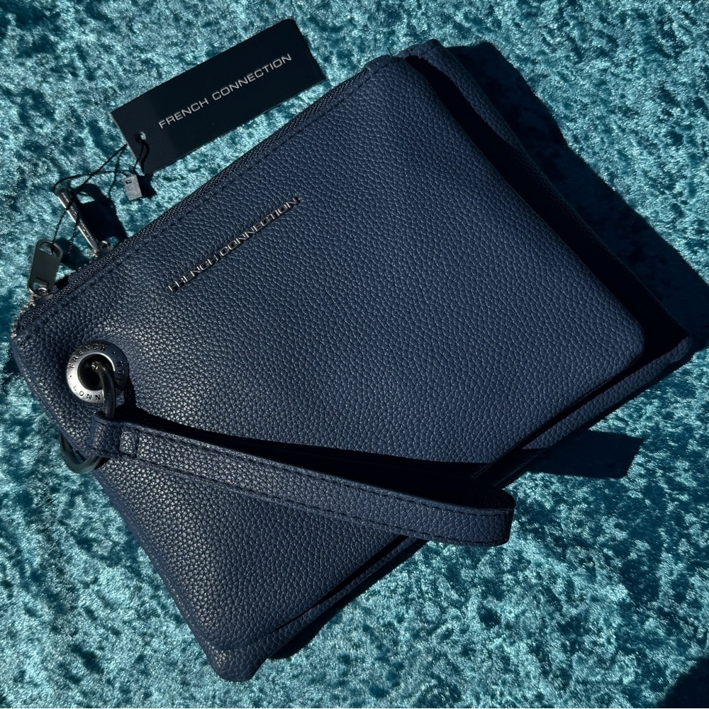 NWT French Connection Blue Jean Denim Wristlet Wallet Cosmetic Clutch Set